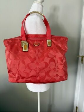 Coach Coral Signature Jacquard Tote with Gold Accents